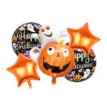 Set 5 Baloane din Folie Metalizata, Embo, Figurine, Tema Halloween, Pai Inclus, Ambalaj Individual, Umflare cu Aer sau Heliu, Figurina Dovleac cu Fantoma 64x80 cm, Stelute si Cerculete 45 cm, Multicolor