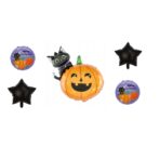 Set 5 Baloane din Folie Metalizata, Embo, Figurine, Tema Halloween, Pai Inclus, Ambalaj Individual, Umflare cu Aer sau Heliu, Figurina Dovleac si Pisica 84x69 cm, Stelute si Cerculete 45 cm, Multicolor