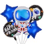 Set 5 baloane din folie metalizata HAPPY BIRTHDAY, Embo, Figurina Model Astronaut, Stelute Albastre, Adeziv si pai incluse, 78 x 45cm, Albastru inchis