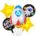 Set 5 baloane din folie metalizata HAPPY BIRTHDAY, Embo, Figurina Model Racheta, Stelute Galbene, Adeziv si pai incluse, 78 x 45cm, Galben Alb