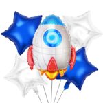 Set 5 baloane din folie metalizata HAPPY BIRTHDAY, Embo, Figurina Model Racheta, Stelute Albastre, Adeziv si pai incluse, 78 x 45cm, Albastru Alb