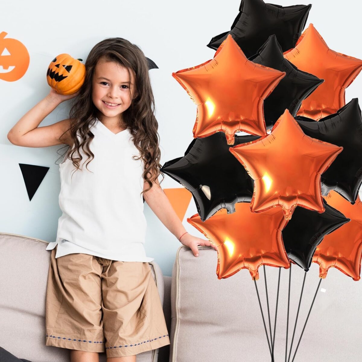 Set 5 Baloane din Folie Metalizata, Embo, Figurine, Tema Halloween, Pai Inclus, Ambalaj Individual, Umflare cu Aer sau Heliu, Figurina Dovleac 54x87 cm, Stelute si Cerculete 45 cm, Multicolor - imagine 7