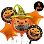 Set 5 Baloane din Folie Metalizata, Embo, Figurine, Tema Halloween, Pai Inclus, Ambalaj Individual, Umflare cu Aer sau Heliu, Figurina Dovleac 54x87 cm, Stelute si Cerculete 45 cm, Multicolor