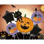 Set 5 Baloane din Folie Metalizata, Embo, Figurine, Tema Halloween, Pai Inclus, Ambalaj Individual, Umflare cu Aer sau Heliu, Figurina Dovleac si Pisica 84x69 cm, Stelute si Cerculete 45 cm, Multicolor - imagine 2