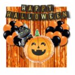 Set 5 Baloane din Folie Metalizata, Embo, Figurine, Tema Halloween, Pai Inclus, Ambalaj Individual, Umflare cu Aer sau Heliu, Figurina Dovleac si Pisica 84x69 cm, Stelute si Cerculete 45 cm, Multicolor - imagine 4