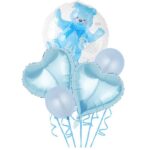 Set Baloane Aniversare, Embo, set din 5 bucati, 1 bucata urs, 2 inimi folie, 2 simple din latex Baby Boy, 60 cm Albastru