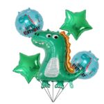 Set 5 Baloane folie de aluminiu, Embo, Figurina Dinozaur, pentru aniversare HAPYY BIRTHDAY, Stelute Verzi si Baloane Albastre, 50 - 70 cm