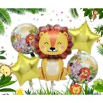 Set 5 Baloane din Folie Metalizata, Embo, Figurine, Tema Aniversare Jungla, Pai Inclus, Ambalaj Individual, Umflare cu Aer sau Heliu, Figurina Leu 69.5x101 cm, Stelute si Cerculete 45 cm, Multicolor - imagine 3