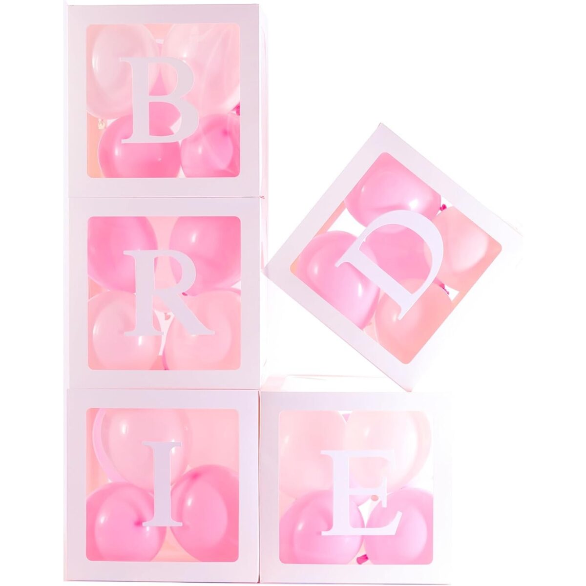 Set 5 Cutii pentru Baloane, Embo, Model Scris Bride, Tematica Nunta, Cuburi Decorative din Plastic, Accesorii pentru Petrecere, 30 x30 cm, Transparente Contur Alb - imagine 5