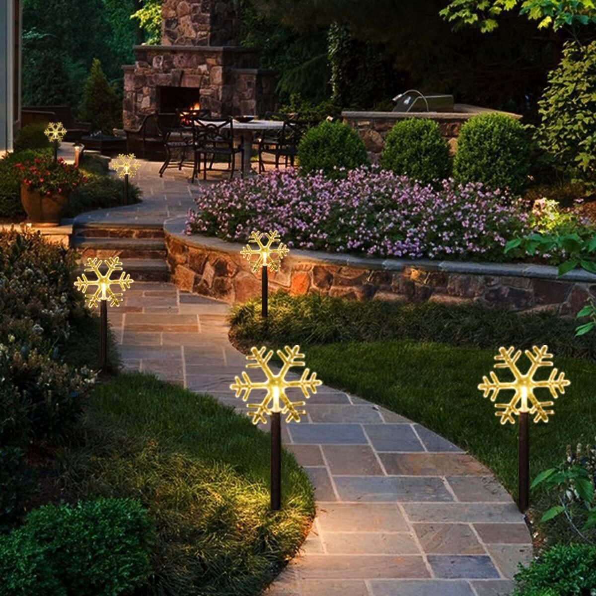 Set 5 Lampi LED cu baterii, de exterior Model Fulg de nea, pentru gradina, Embo, 35.5 cm, Alb Cald - imagine 4