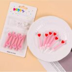 Set 6 Lumanari de Tort, Embo, Model Creion cu Inimioare, 5.9 x 1.1 cm, din Ceara, Roz - imagine 4