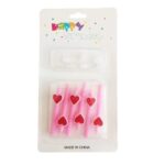 Set 6 Lumanari de Tort, Embo, Model Creion cu Inimioare, 5.9 x 1.1 cm, din Ceara, Roz