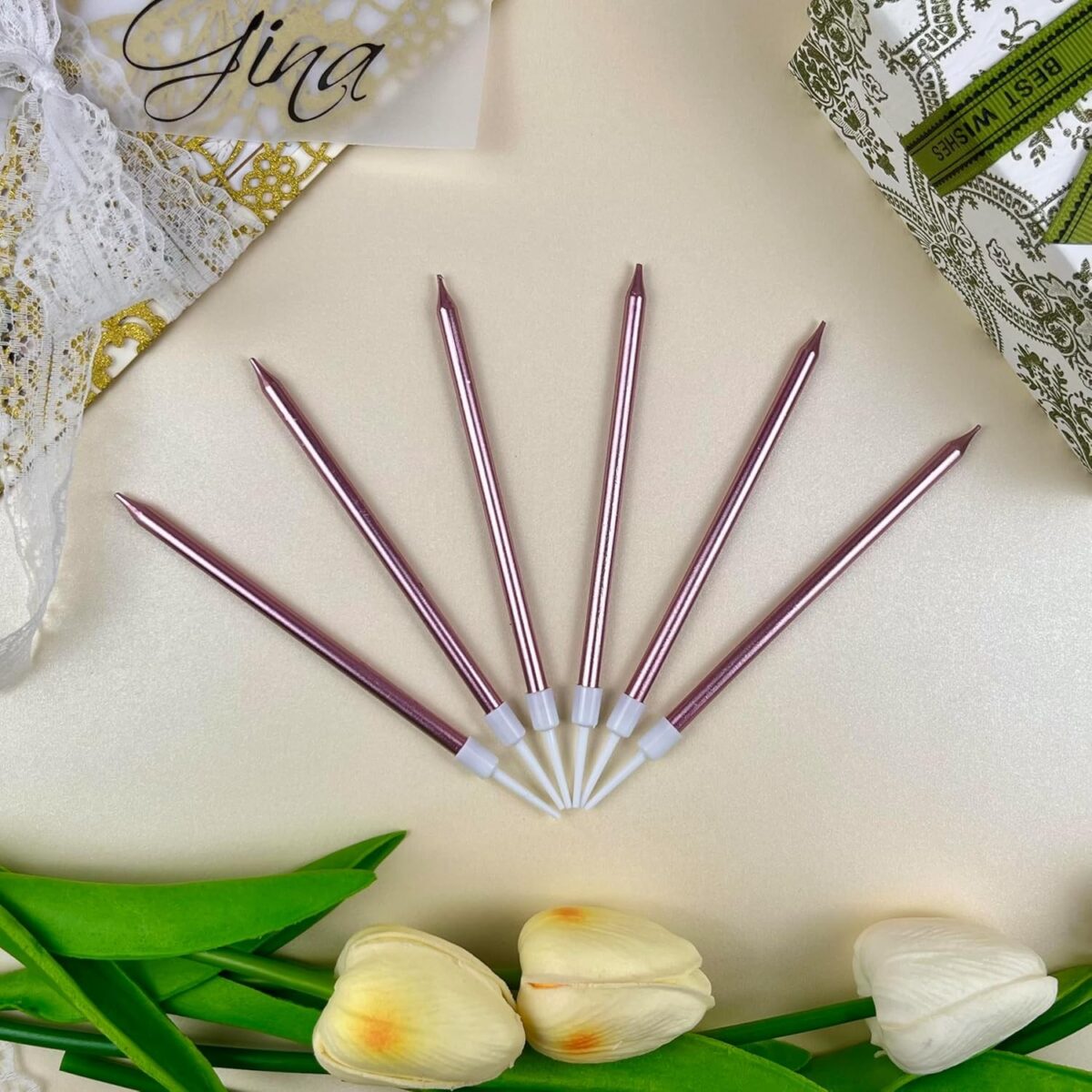 Set 6 Lumanari de Tort, Embo, din Parafina, 11 x 0.4 cm, Lucioase, Roz Auriu - imagine 3