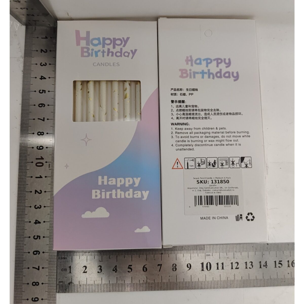 Set 6 Lumanari Lungi, Embo, din Parafina, 10 x 0.5 cm, Happy Birthday, Alb/Auriu - imagine 6