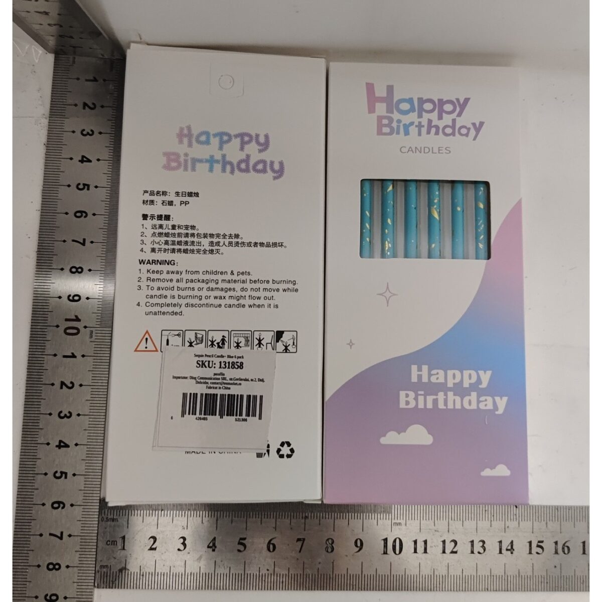 Set 6 Lumanari Lungi, Embo, din Parafina, 10 x 0.5 cm, Happy Birthday, Albastru - imagine 5