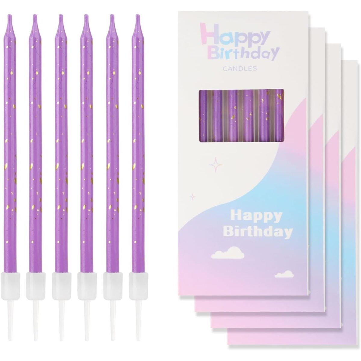 Set 6 Lumanari Lungi, Embo, din Parafina, 10 x 0.5 cm, Happy Birthday, Mov - imagine 7