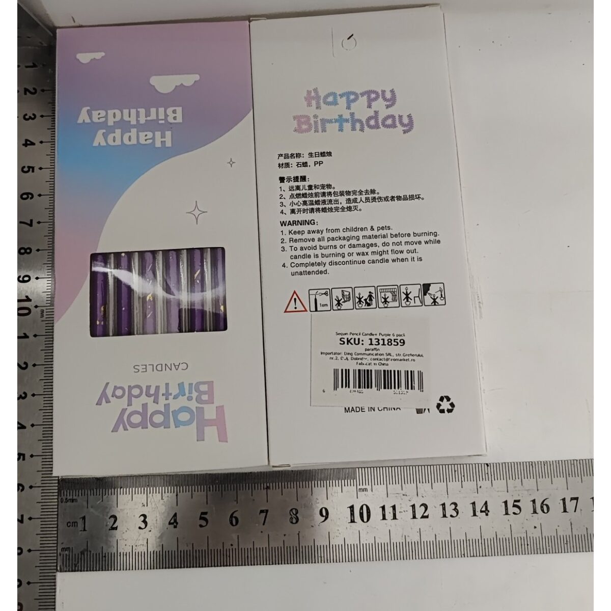 Set 6 Lumanari Lungi, Embo, din Parafina, 10 x 0.5 cm, Happy Birthday, Mov - imagine 8