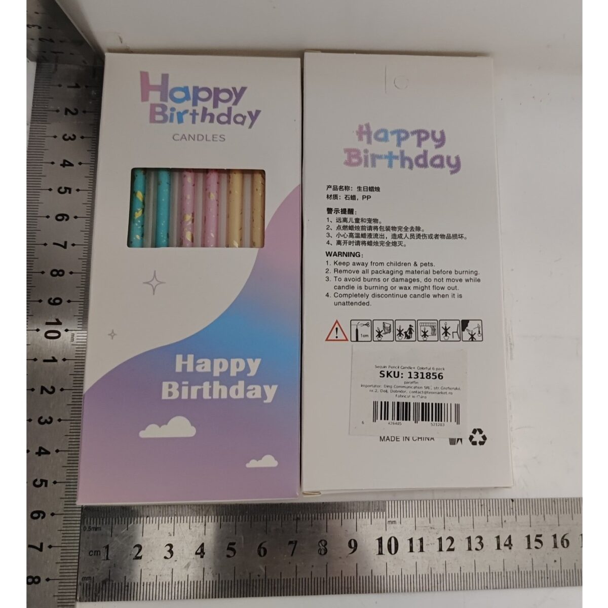 Set 6 Lumanari Lungi, Embo, din Parafina, 10 x 0.5 cm, Happy Birthday, Multicolor - imagine 3