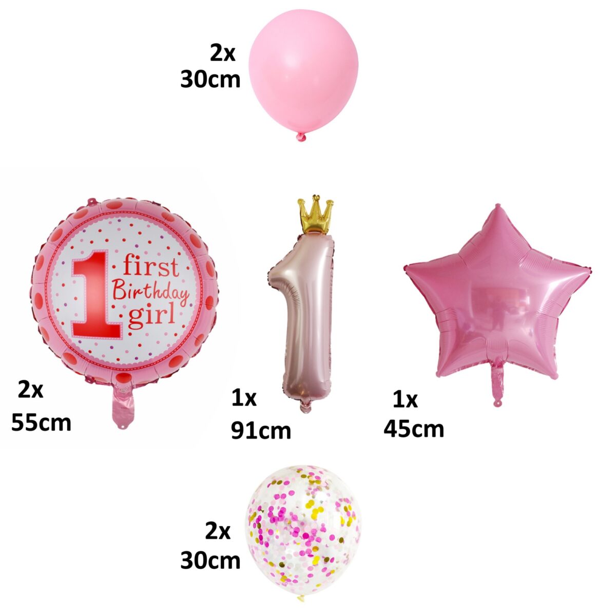 Set 8 Baloane din Folie Metalizată si din Latex, Embo, Figurine Cifra 1 Printesa 91cm, Stea 45 cm si Cerc 55 cm, Baloane Latex 30 cm, Tema Prima Aniversare, Ambalaj Individual, Pai Inclus, Umflare cu Aer sau Heliu, Roz - imagine 3