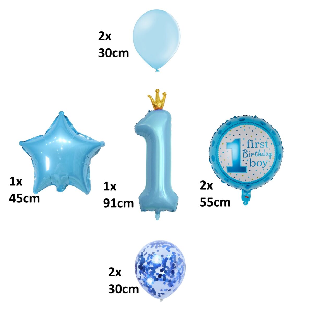 Set 8 Baloane din Folie Metalizată si din Latex, Embo, Figurine Cifra 1 Printesa 91cm, Stea 45 cm si Cerc 55 cm, Baloane Latex 30 cm, Tema Prima Aniversare, Ambalaj Individual, Pai Inclus, Umflare cu Aer sau Heliu, Albastru - imagine 8