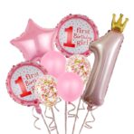 Set 8 Baloane din Folie Metalizată si din Latex, Embo, Figurine Cifra 1 Printesa 91cm, Stea 45 cm si Cerc 55 cm, Baloane Latex 30 cm, Tema Prima Aniversare, Ambalaj Individual, Pai Inclus, Umflare cu Aer sau Heliu, Roz