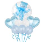 Set Baloane Aniversare, Embo, set din 8 bucati, 1 bucata urs, 2 inimi folie, 5 simple din latex Baby Boy, 60 cm Albastru