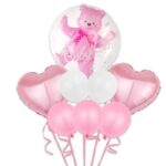 Set Baloane Aniversare, Embo, set din 8 bucati, 1 bucata urs, 2 inimi folie,5 simple din latex Baby Girl, 60 cm Roz
