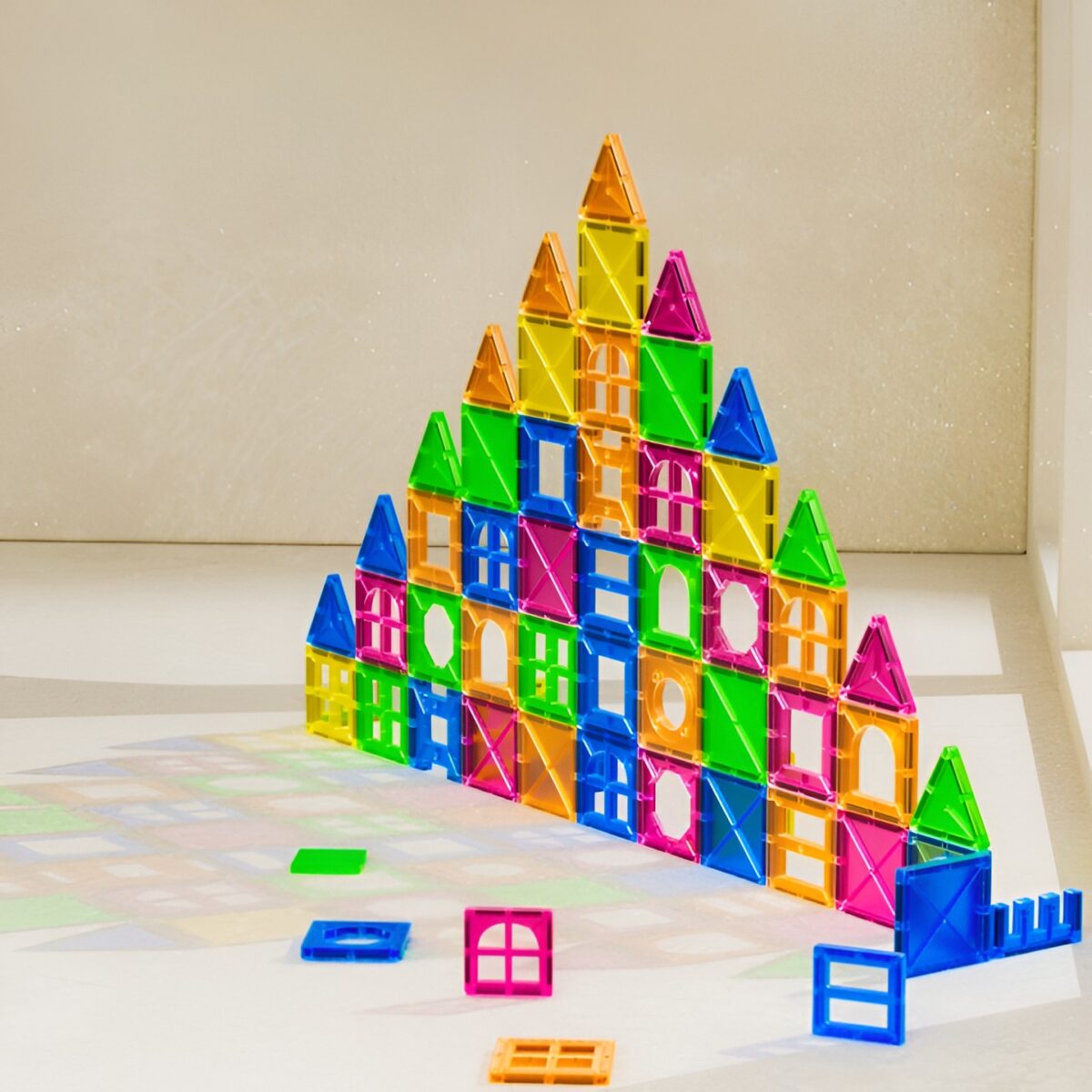 Set 88 Piese Magnetice de Constructie, Embo, Piese 5.5 cm, Magnetic Tiles, Forme Geometrice, 3 Ani, ABS, Magnet, 27.5 x 21.5 x 17 cm, Multicolor - imagine 3