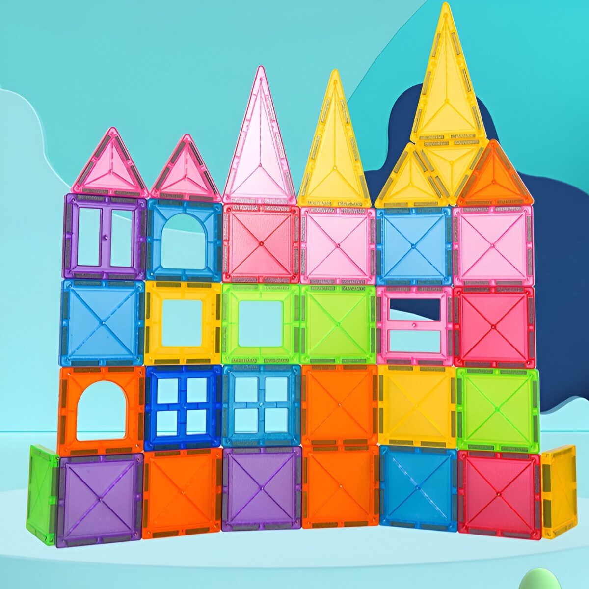 Set 88 Piese Magnetice de Constructie, Embo, Piese 5.5 cm, Magnetic Tiles, Forme Geometrice, 3 Ani, ABS, Magnet, 27.5 x 21.5 x 17 cm, Multicolor - imagine 6