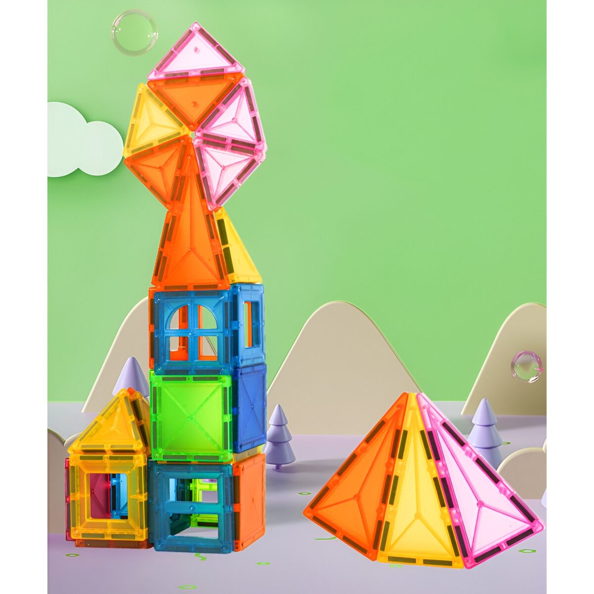 Set 88 Piese Magnetice de Constructie, Embo, Piese 5.5 cm, Magnetic Tiles, Forme Geometrice, 3 Ani, ABS, Magnet, 27.5 x 21.5 x 17 cm, Multicolor - imagine 7