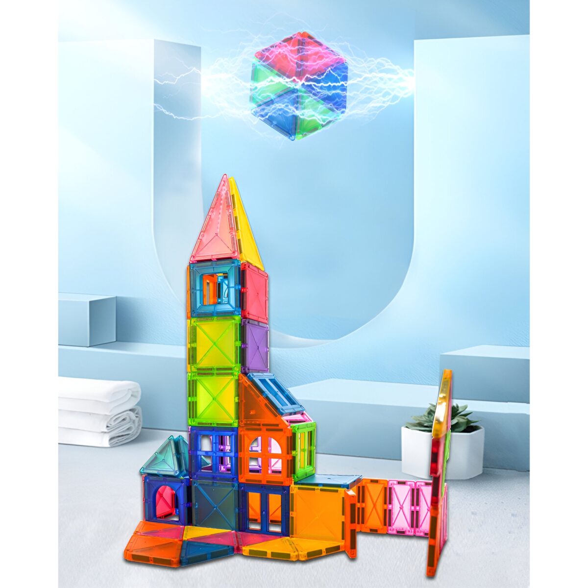 Set 88 Piese Magnetice de Constructie, Embo, Piese 5.5 cm, Magnetic Tiles, Forme Geometrice, 3 Ani, ABS, Magnet, 27.5 x 21.5 x 17 cm, Multicolor - imagine 8