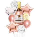 Set 9 Baloane din Folie Metalizată si din Latex, Embo, Model Sticla de Sampanie, Baloane Party, Bat si Adeziv Incluse, Umflare cu Aer sau Heliu, Roz Alb