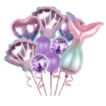 Set baloane aniversare pentru fetita, set din 9 baloane, Embo, Tematica Sirene, 5 Baloane Folie, 4 baloane latex, cu inimii Mov metalizat