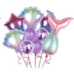 Set baloane aniversare pentru fetita, set din 9 baloane, Embo, Tematica Sirene, 5 Baloane Folie, 4 baloane latex, cu stele, Mov gradient