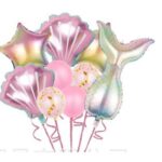 Set baloane aniversare pentru fetita, set din 9 baloane, Embo, Tematica Sirene, 5 Baloane Folie, 4 baloane latex, Roz metalizat