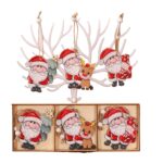 Set 9 Decoratiuni de Craciun din Lemn, Embo, cu Snur pentru Agatare in Brad, 3 Modele, Model Mos Craciun cu Brad, Ren si Cadouri, Diferite Dimensiuni, Multicolor