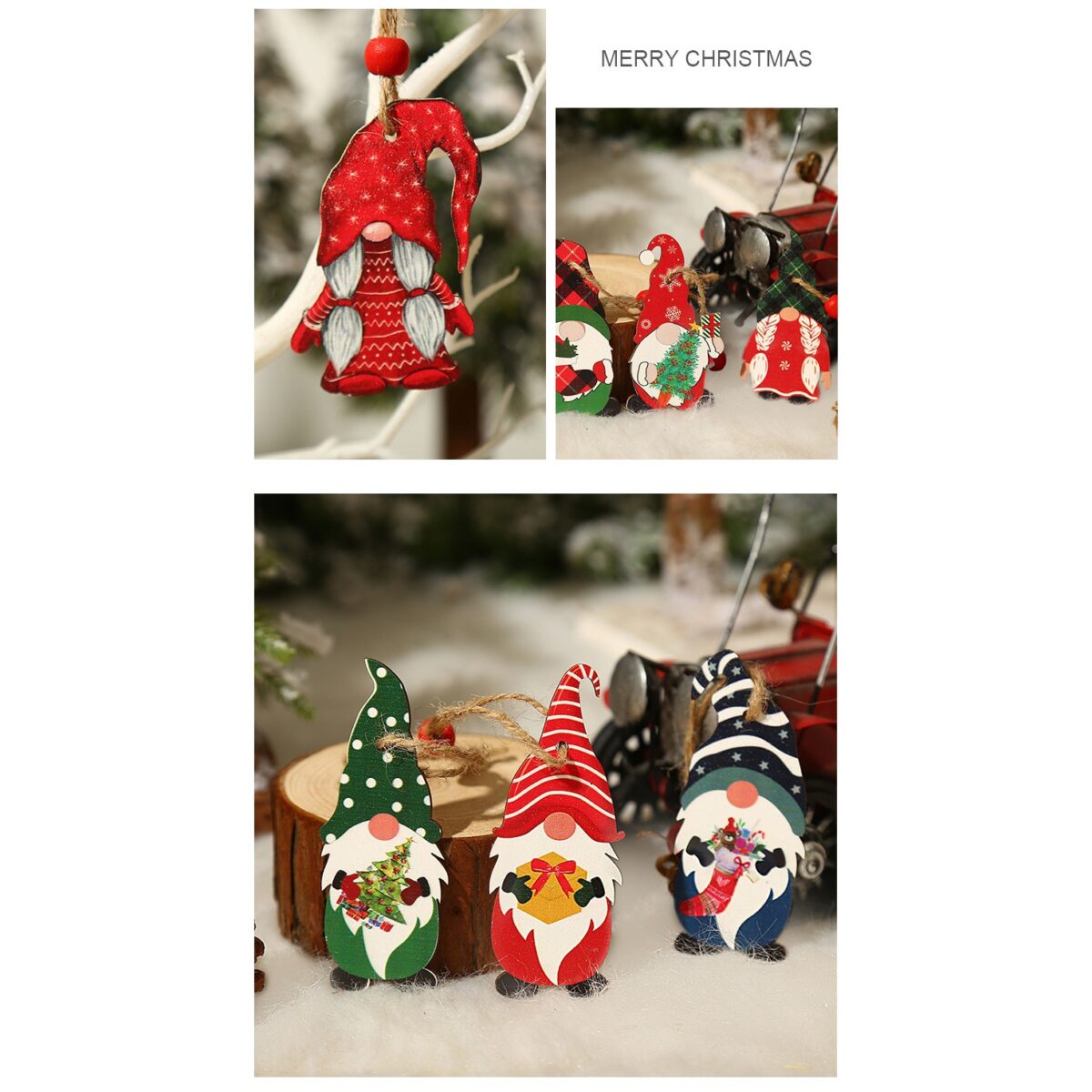 Set 9 Decoratiuni de Craciun din Lemn, Embo, cu Snur pentru Agatare in Brad, Model Mos Craciun Pitic Diferite Dimensiuni, 3 Modele, Multicolor - imagine 5