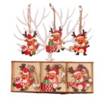 Set 9 Decoratiuni de Craciun din Lemn, Embo, cu Snur pentru Agatare in Brad, Model Reni, 3 Modele, Diferite Dimensiuni, Multicolor