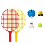Set Badminton pentru Copii, Embo, Doua Palete, Fluturas, 2 Mingi, Minge cu Elastic pentru Antrenament, Suport de Prindere Stabil, 40.5x23 cm, Rosu Galben