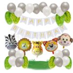 Set baloane aniversare 32 de piese, Embo, 1 banner HAPPY BIRTHDAY, 5 baloane folie, Figurine Animale, 8 baloane frunza, 18 baloane latex, Gri Alb Multicolor