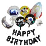 Set baloane aniversare 8 piese, Embo, tematica HAPPY BIRTHDAY, Figurine Astronaut Racheta, 1 luna, 1 stea, 3 baloane folie, Multicolor