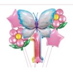 Set baloane aniversare cu numere, din folie de aluminiu, 6 piese, 2 flori, 2 stelute, 1 fluture, 1 cifra, Multicolor, Cifra 1