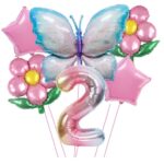 Set baloane aniversare cu numere, din folie de aluminiu, 6 piese, 2 flori, 2 stelute, 1 fluture, 1 cifra, Multicolor, Cifra 2