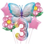 Set baloane aniversare cu numere, din folie de aluminiu, 6 piese, 2 flori, 2 stelute, 1 fluture, 1 cifra, Multicolor, Cifra 3