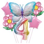 Set baloane aniversare cu numere, din folie de aluminiu, 6 piese, 2 flori, 2 stelute, 1 fluture, 1 cifra, Multicolor, Cifra 4