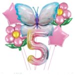 Set baloane aniversare cu numere, din folie de aluminiu, 6 piese, 2 flori, 2 stelute, 1 fluture, 1 cifra, Multicolor, Cifra 5