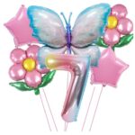 Set baloane aniversare cu numere, din folie de aluminiu, 6 piese, 2 flori, 2 stelute, 1 fluture, 1 cifra, Multicolor, Cifra 7