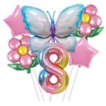 Set baloane aniversare cu numere, din folie de aluminiu, 6 piese, 2 flori, 2 stelute, 1 fluture, 1 cifra, Multicolor, Cifra 8