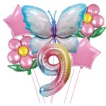 Set baloane aniversare cu numere, din folie de aluminiu, 6 piese, 2 flori, 2 stelute, 1 fluture, 1 cifra, Multicolor, Cifra 9