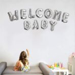Set Baloane din Folie Metalizata, Embo, Figurine Litere, Model Welcome Baby, Tema Aniversare, 40 cm, Ambalaj Individual, Pai inclus, Umflare cu Aer sau Heliu, Argintiu - imagine 2